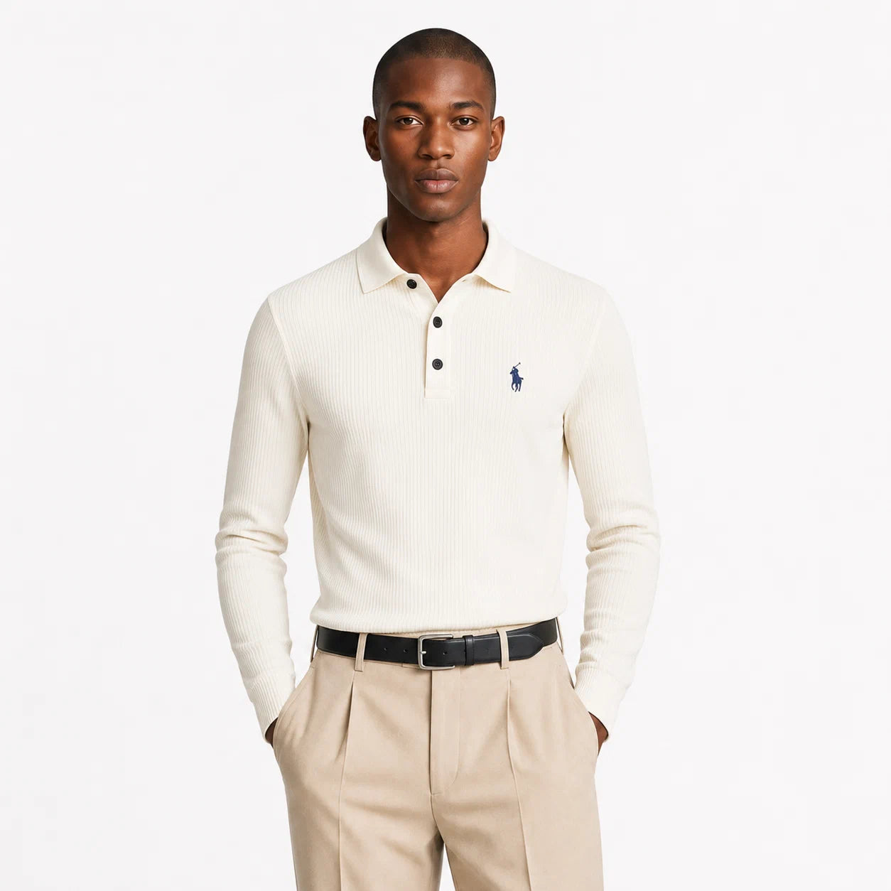 Ribbed Long-Sleeve Polo Shirt