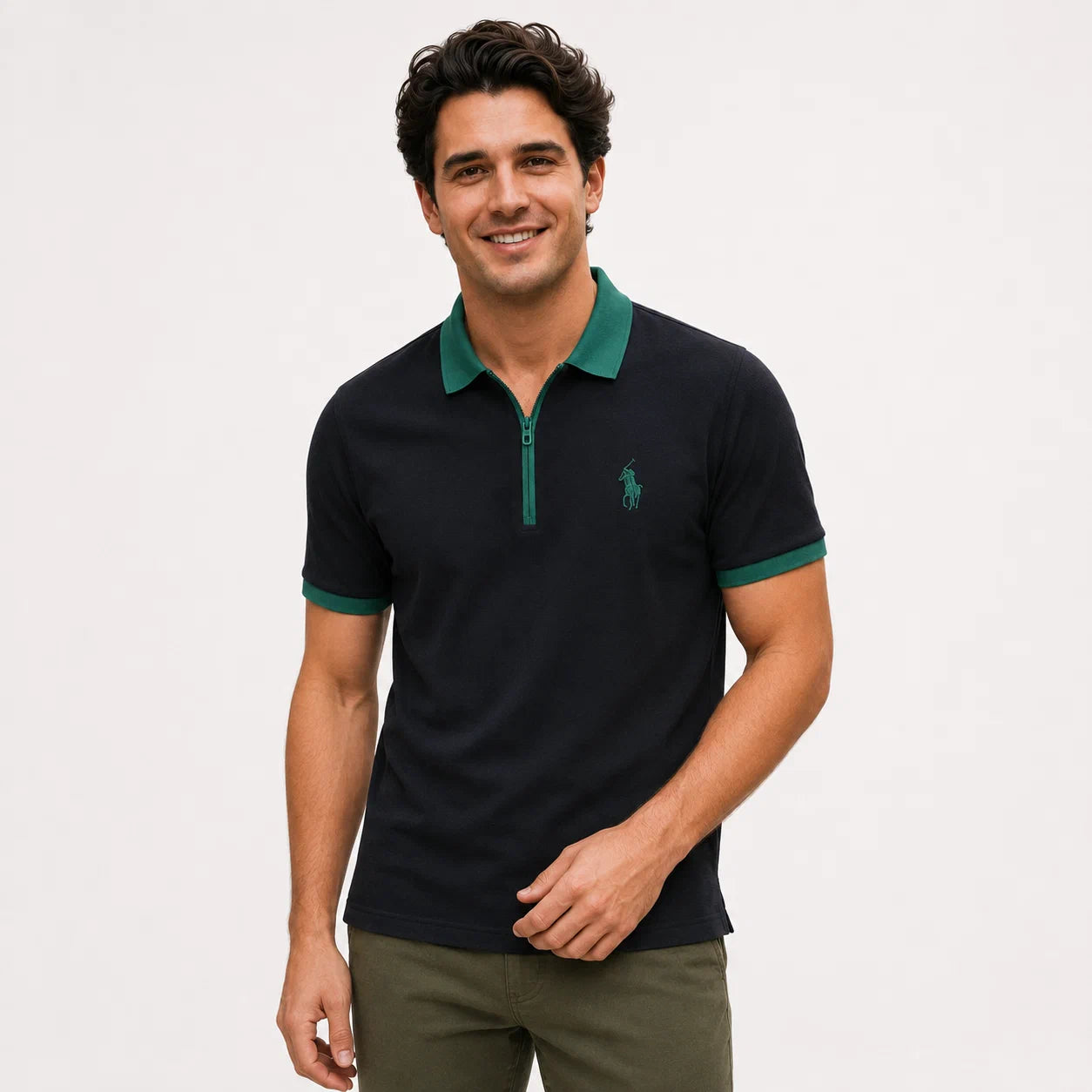 Contrast-Collar Zip Polo Shirt