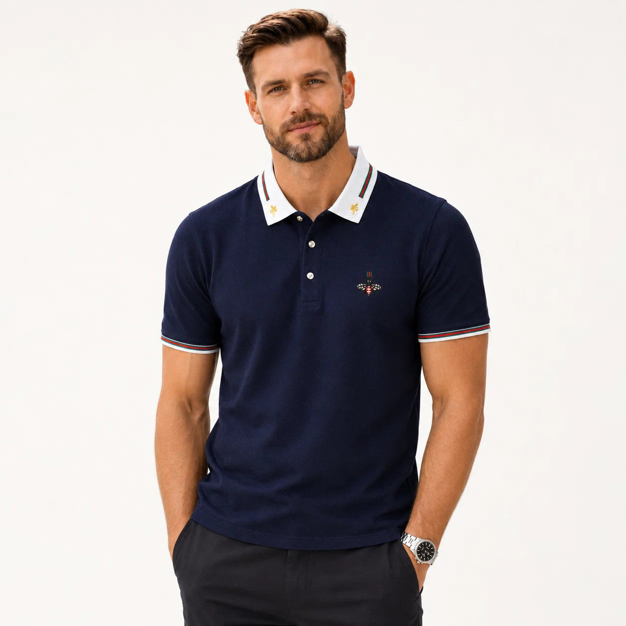 Embroidered Bee Collar Polo
