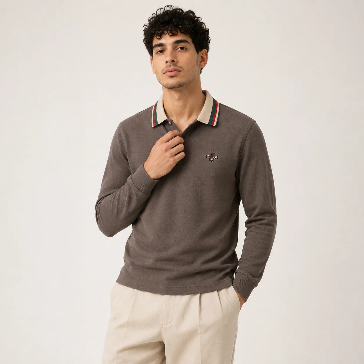 Long-Sleeve Contrast-Collar Polo