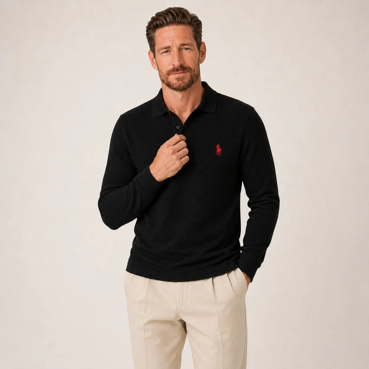 Textured Long-Sleeve Polo Shirt