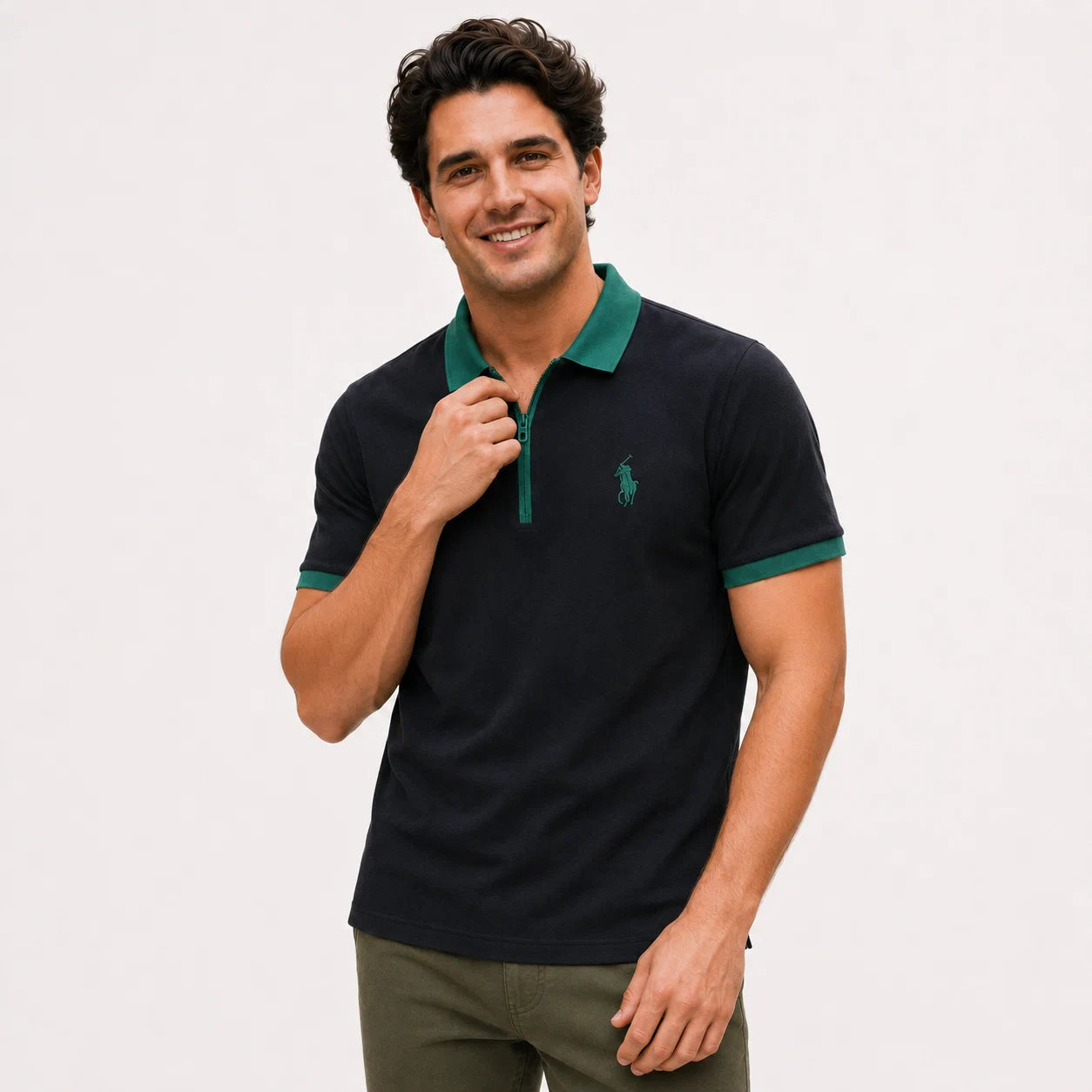 Contrast-Collar Zip Polo Shirt