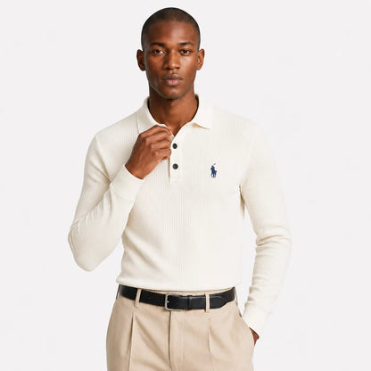 Ribbed Long-Sleeve Polo Shirt