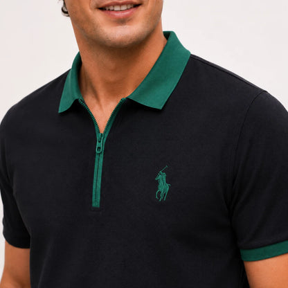 Contrast-Collar Zip Polo Shirt