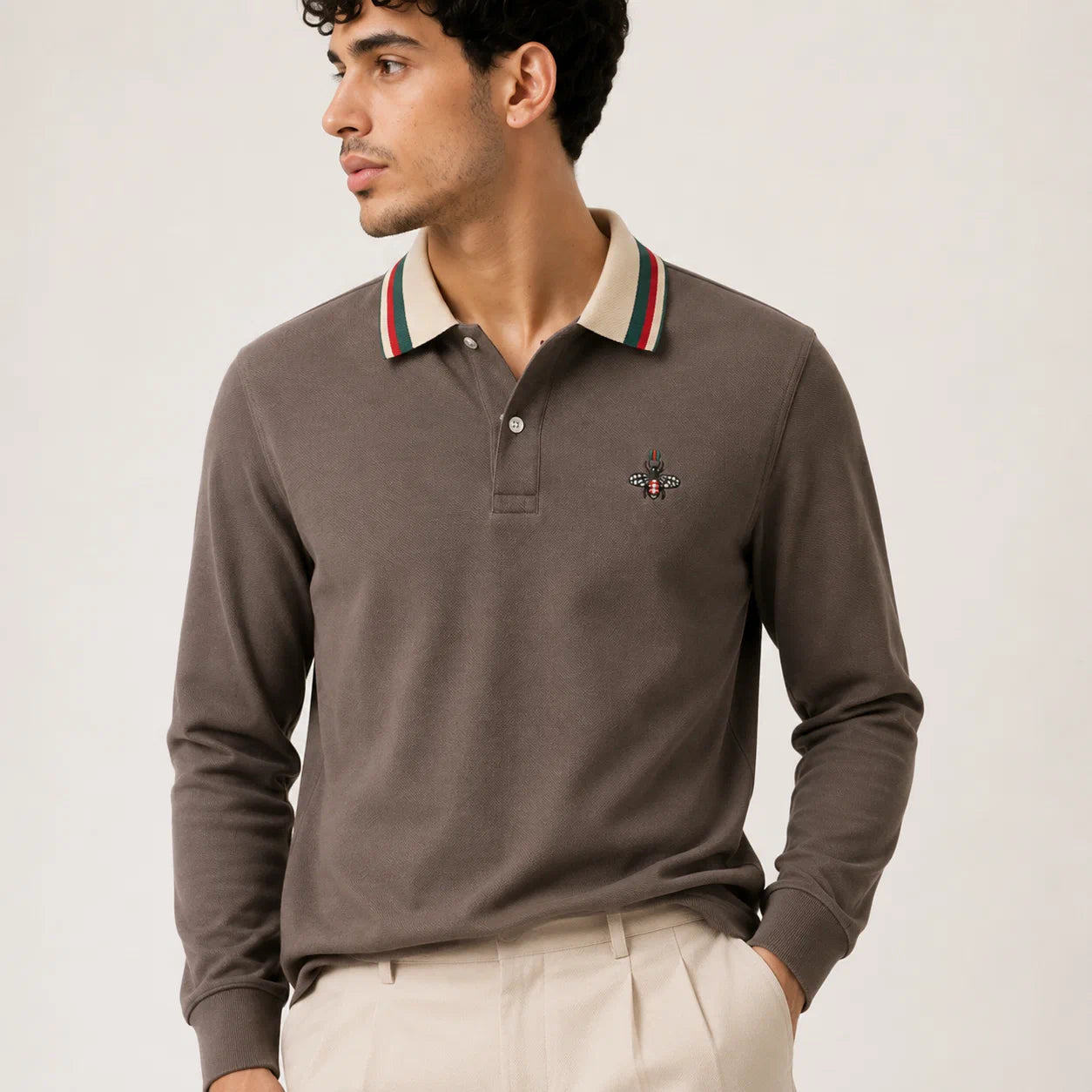 Long-Sleeve Contrast-Collar Polo