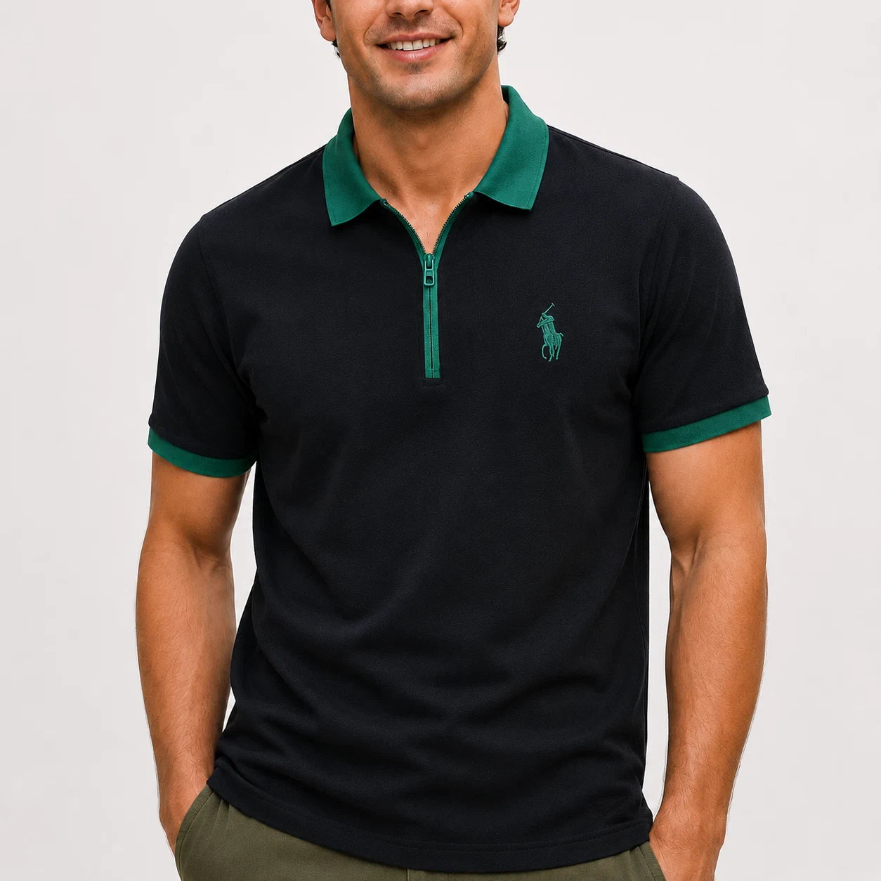 Contrast-Collar Zip Polo Shirt