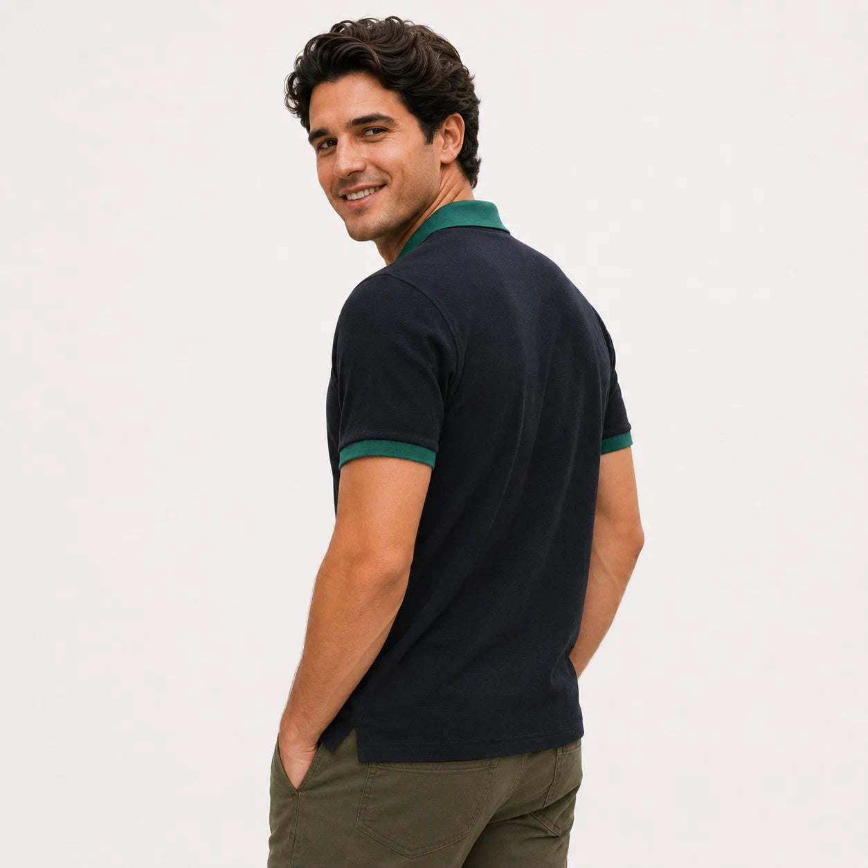 Contrast-Collar Zip Polo Shirt