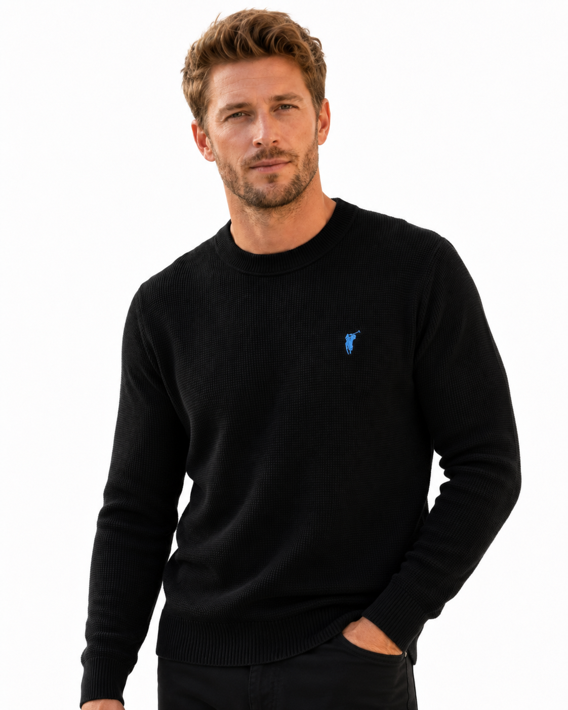 Waffle-Knit Crewneck Sweater