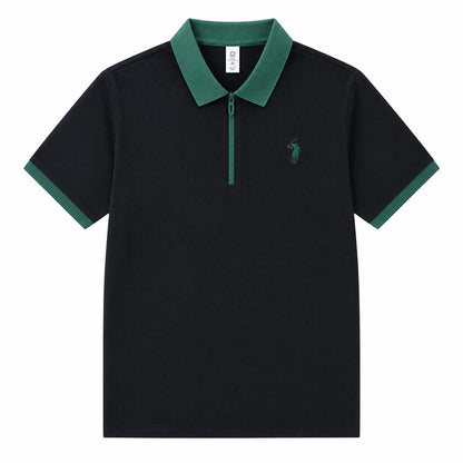 Contrast-Collar Zip Polo Shirt