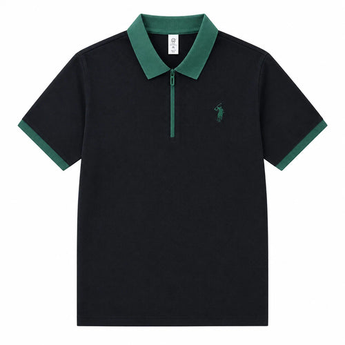 Contrast-Collar Zip Polo Shirt