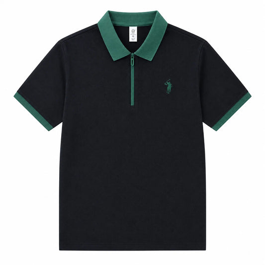 Contrast-Collar Zip Polo Shirt