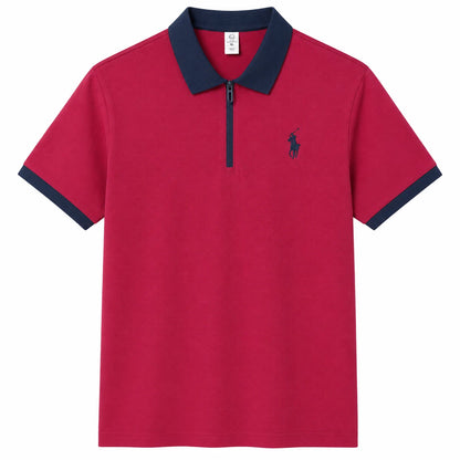 Contrast-Collar Zip Polo Shirt