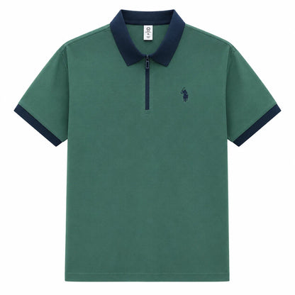 Contrast-Collar Zip Polo Shirt