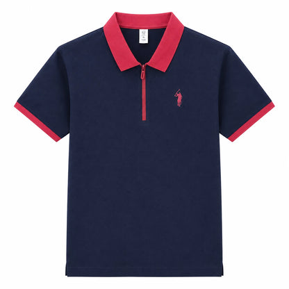 Contrast-Collar Zip Polo Shirt